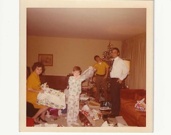 1970s Christmas Photo | Family Opening Presents, Vintage Holiday Snapshot