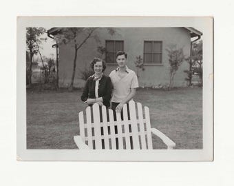 Vintage 1950s Snapshot: Couple on Lawn Chair, Backyard Portrait