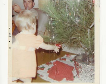 1971 Christmas Snapshot | Baby Decorating Retro Tree, Vintage Photo