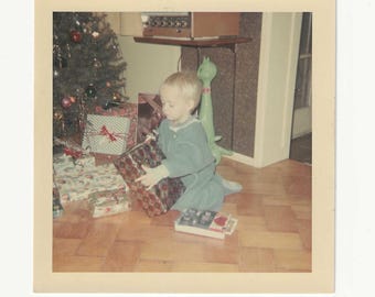 1960s Christmas Photo | Child Opening Gifts, Retro Holiday Decor
