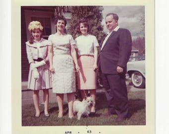 Vintage Family Photo with Dog: 1963 Kodak Snapshot, Midcentury Car