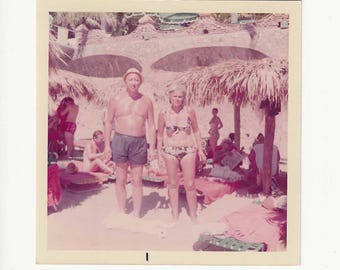 1970s Beach Resort Couple | Vintage Color Slide Photo | Found Vacation Photograph | Tropical Swimwear Snapshot | Wall Art for Framing