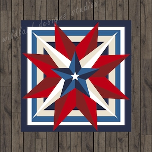 May include: A square wall art piece featuring a multi-pointed star design in red, white, and blue. The central element is a dark blue star with a white center, surrounded by larger red and white star points. The design is framed by concentric square borders in blue, white, and cream, set against a dark blue background.