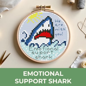 Emotional support, shark cross stitch pattern with smiling shark in ocean waves, counted cross stitch PDF, underwater world