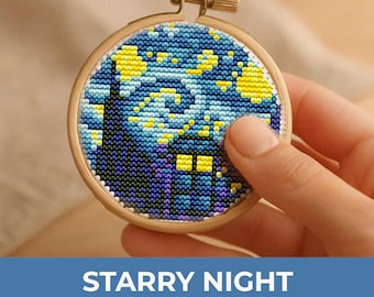 Starry night cross stitch pattern with police box miniature counted cross stitch pdf van gogh inspired embroidery design digital download