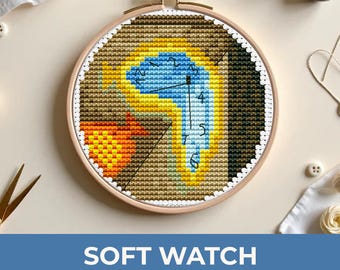 Soft watch cross stitch pattern Salvador Dali, melting clock, surreal art counted cross stitch PDF, stitch modern wall decor