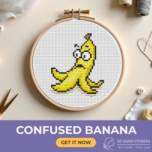 Banana Cross Stitch Pattern, Funny Confused Fruit PDF, Quirky Aida Embroidery Design, Easy Modern Needlepoint for Beginners