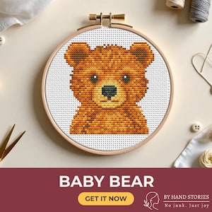 Baby Bear Cross Stitch Pattern, Cute Baby Animal PDF, Easy Beginner Embroidery, Woodland Nursery Decor Hoop Art Design