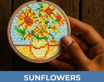 Sunflowers in vase cross stitch pattern Van Gogh inspired,  small counted cross stitch PDF, easy floral pattern beginner DIY embroidery