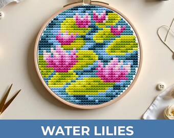 Water lilies cross stitch pattern Monet inspired counted, cross stitch PDF, floral home decor, pink lotus flowers pond, water garden