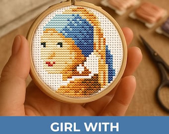 Girl with a Pearl Earring cross stitch pattern Vermeer inspired, Cross stitch pattern portrait of a girl, instant download