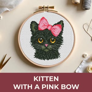 Black Kitten Cross Stitch Pattern with Pink Bow, Cute Cat PDF, Beginner Embroidery Design, Modern Small Pet DIY Decor