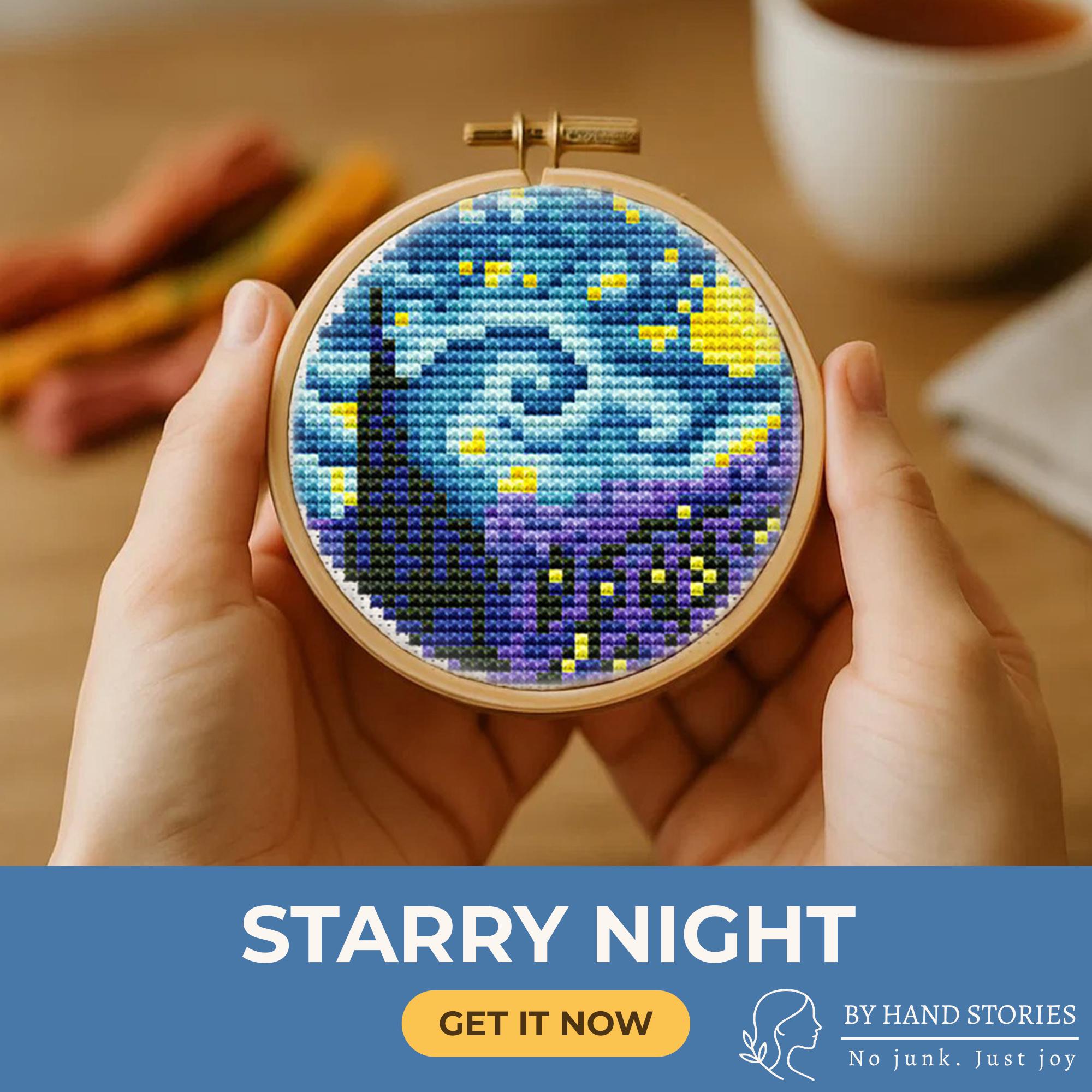 Starry Night cross stitch pattern Van Gogh inspired, mini star sky, street, counted cross stitch PDF