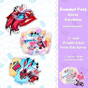Puede incluir: Llaveros de epoxi Summer Vees en tres diseños. Los llaveros son de doble cara y epoxi en la parte delantera. Los llaveros miden 7,6 cm. La imagen también incluye el texto "Limited Quantity" y "3" and 3.5" Sticker Variants Available."
