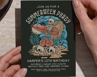 Summerween födelsedagsinbjudan - redigerbar spökpoolpartyinbjudan, läskig sommarfirande, digital nedladdning