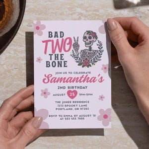 Bad TWO the Bone 2nd Birthday Invite - Pink Skeleton Peace Hand Theme, Girl Second Birthday Party Evite, Instant Download