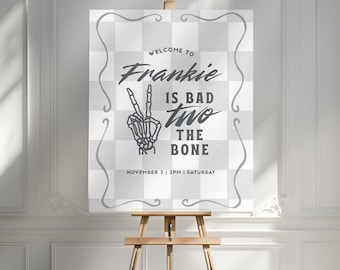 Letrero de cumpleaños de Bad TWO the Bone, esqueleto de bricolaje, mano de la paz, decoración para segundo cumpleaños, plantilla de Canva editable en 3 tamaños, descarga digital instantánea