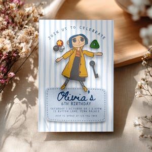 May include: A birthday invitation featuring a cartoon illustration of a character in a yellow coat and blue hair. The invitation has a light blue and white striped background and includes the text "Join us to Celebrate" and "Olivia's 6th Birthday".