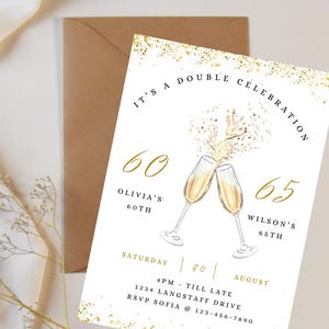 Double Birthday Invitation Template | Gold Confetti | Champagne Glasses | Adult Joint Birthday Invitation | Instant Download | Printable