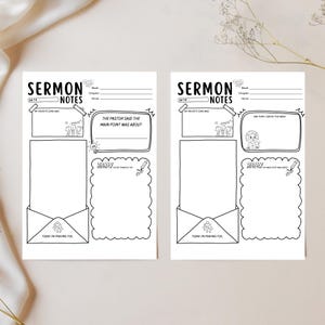 Può includere: Due pagine di appunti del sermone in bianco e nero con sezioni per appunti, disegni e dettagli delle canzoni. Include campi da compilare per data, libro, capitolo e versetto. Il testo "The Pastor Said The Main Point Was About" è visibile.