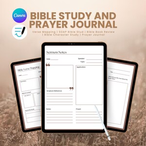 May include: A digital Bible study and prayer journal displayed on three tablets. The journal includes sections for sermon notes, verse mapping, and Bible book reviews. The title "BIBLE STUDY AND PRAYER JOURNAL" is at the top.