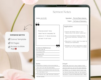 Mall för utskrivbar predikanteckning: Bibelstudie- och kyrkodagbok (digital nedladdning)