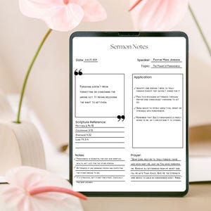 Op de afbeelding: Een digitale tablet met "Preeknotities" met tekst over vergeving, inclusief schriftverwijzingen en toepassingspunten. De datum is 23 juni 2024. De spreker is dominee Mark Johnson.
