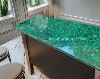 Green Malachite Dining Table | Genuine Gemstone Slab with Ornate Brass Base | Handcrafted Semi-Precious Stone Furniture | Elegant Art Deco