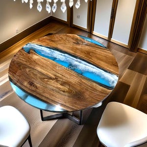 Luxury Ocean Blue Epoxy Round Table | Handmade Live Edge Wood & Resin Art Coffee Table | Coastal Wave Design Modern Furniture