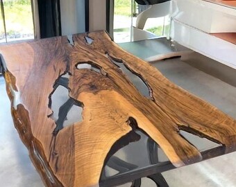 Luxury Transparent Epoxy Table | Clear Resin Dining Table | Handmade Live Edge River Table | Modern Rustic Custom Furniture, epoxy table