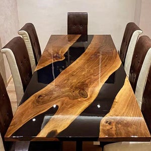 Custom Handmade Epoxy Table – Black Epoxy River Table – Live Edge Wood Dining Table – Modern Resin Tabletop –  Office or Conference Table