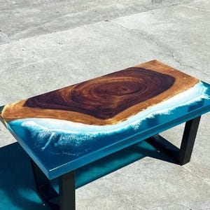 Ocean Wave Epoxy Coffee Table | Live Edge Wood & Blue Resin Art Table | Custom Handmade Beach Inspired Table | Modern Coastal Furniture