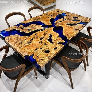 Blue Epoxy River Dining Table, Live Edge Wood Table, Handmade Resin Dining Table, Modern Rectangular Dining Table, Luxury Wood Furniture