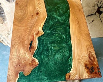 Green Epoxy River Table Top | Live Edge Acacia Wood Slab| Custom Handmade Resin Art | Modern Dining or Coffee Table | Rustic Epoxy Furniture