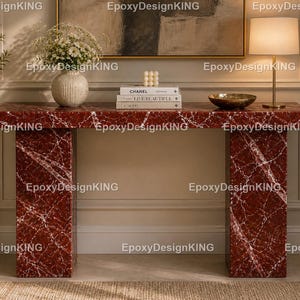Red Marble Console Table – Luxury Stone Entryway Table – Modern Pedestal Hallway Table – Statement Marble Furniture Marble Console Table