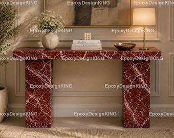 Mesa consola de mármol rojo – Mesa de entrada de piedra de lujo – Mesa de recibidor moderna con pedestal – Muebles de mármol que marcan tendencia Mesa consola de mármol