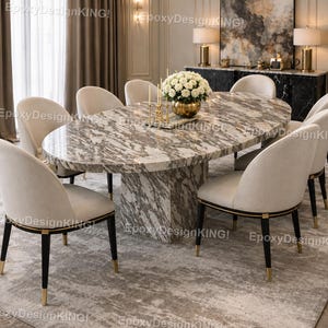Mesa de jantar oval de mármore de luxo – Conjunto de mesa de pedra moderna com pedestal – Móveis elegantes para sala de jantar em pedra natural.