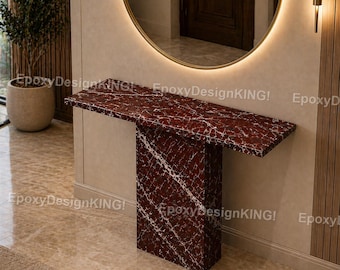 Red Marble Console Table – Luxury Stone Entryway Table – Modern Pedestal Hallway Table – Statement Marble Furniture Marble Console Table