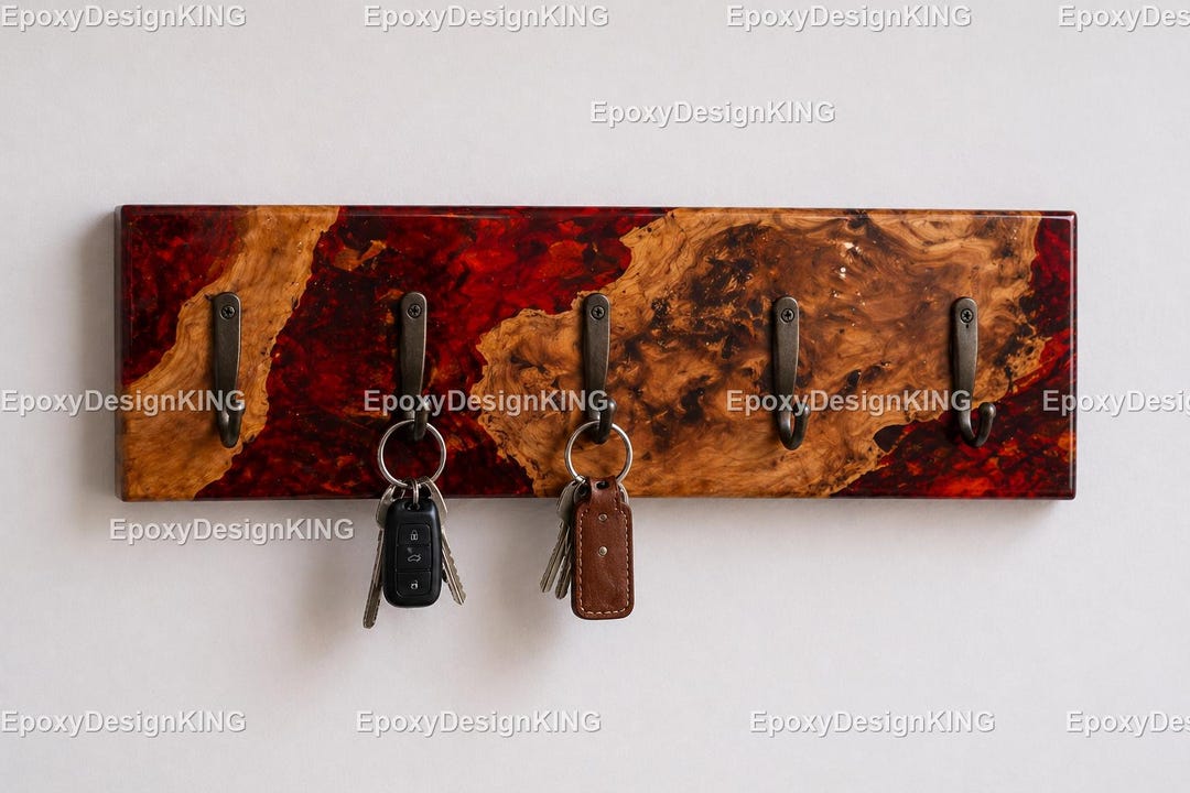 Handmade Wood & Red Epoxy River Key Holder | Live Edge Wall Mounted Key ...