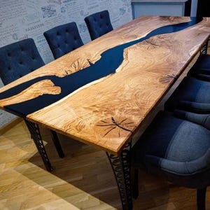 Black Epoxy Dining Table | Live Edge Resin River Table | Custom Wood & Black Resin Tabletop | Handmade Epoxy Furniture | Modern Dining Table
