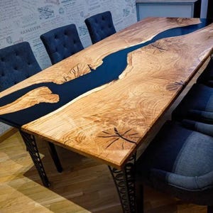 Live Edge Black Epoxy River Dining Table Top – Handmade Acacia Wood Table – Modern Resin Tabletop – Custom Epoxy Furniture – Dining Table