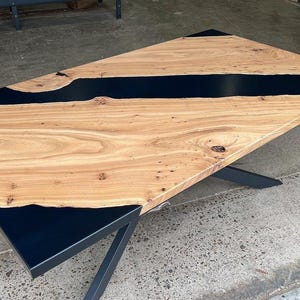Black Epoxy Resin Dining Table | Live Edge River Tabletop | Handmade Wood & Resin Table | Custom Modern Dining Furniture | epoxy table top