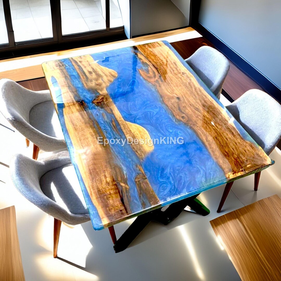 Luxury Live Edge Wood & Ocean Blue Epoxy River Dining Table – Handmade ...