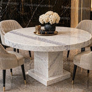 Luxury Round Marble Dining Table – Modern Pedestal Stone Table – Elegant Dining Room Centerpiece Round Marble Dining Table