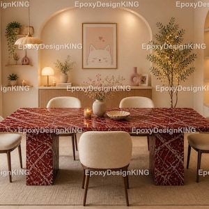 Mesa de comedor de lujo de mármol rojo – Mesa rectangular moderna de resina epoxi Mesa de comedor rectangular de lujo de mármol rojo hecha a mano
