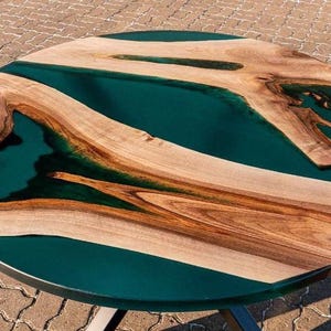 epoxy coffee table, Green Epoxy River Table | Round Live Edge Dining Table | Custom Walnut Resin Tabletop | Handmade Modern Art Furniture,