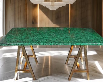 Green Malachite Dining Table | Genuine Gemstone Slab with Ornate Brass Base | Handcrafted Semi-Precious Stone Furniture | Elegant Art Deco