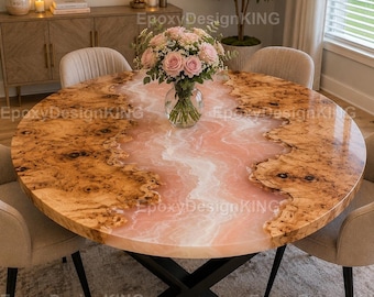 Round Pink Epoxy River Dining Table | Burl Wood Resin Table  Pink Epoxy Dining Table | Handmade Round Resin Luxury Round Epoxy Dining Table
