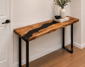 Handmade Live Edge Walnut Epoxy Console Table – Black Resin River Entryway Furniture