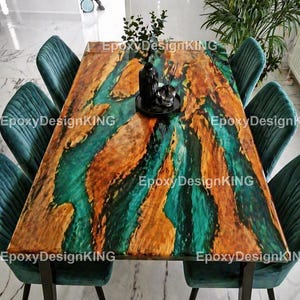 Live Edge groene epoxy riviertafel | Rechthoekige eettafel luxe groene epoxy massief houten Live Edge handgemaakte Live Edge eettafel